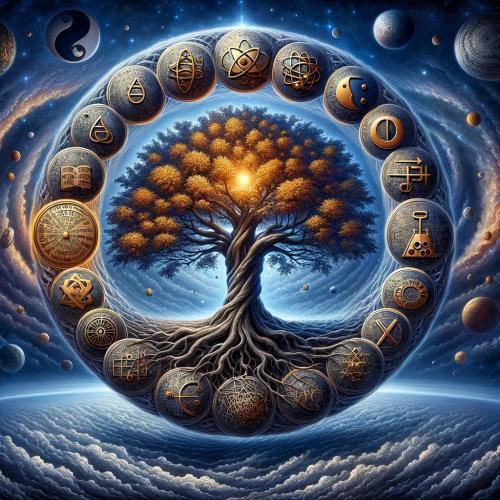 DALL·E-2024-03-02-10.06.04-A-symbolic-representation-of-the-cycle-of-questions-and-answers-in-science-and-philosophy.-The-image-should-depict-an-ancient-tree-with-deep-roots-and result