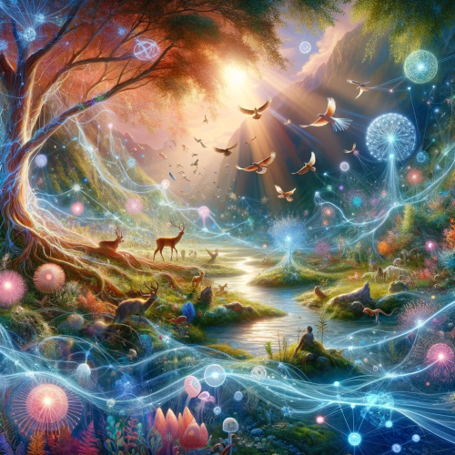 Visualize-a-serene-and-beautiful-scene-depicting-the-flow-of-information-within-and-between-living-organisms-in-a-natural-setting.-Imagine-a-variety-o