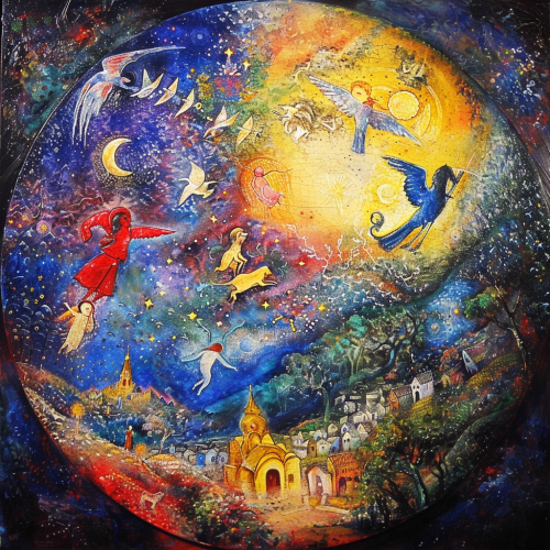 a beautiful painting in the styles of Marc Chagal and  a485c582-ad34-4a5a-ada0-dd87a7928c50