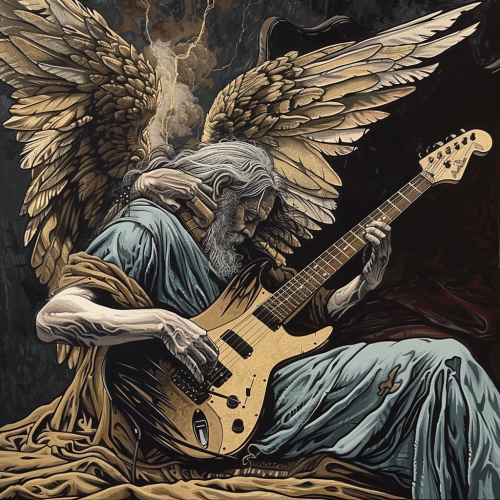 a heavy metal angel with an electric guitar whispering -1