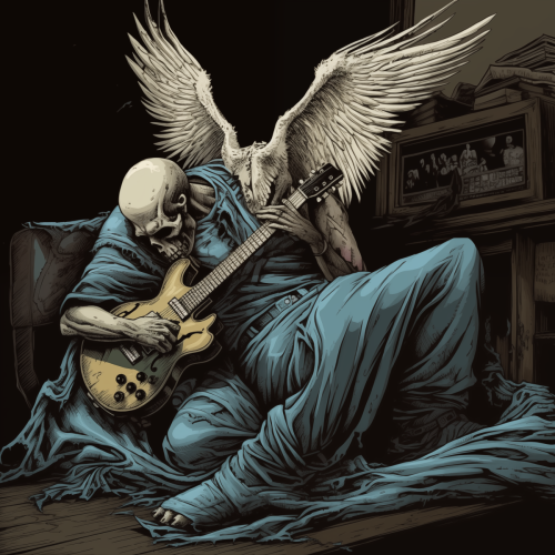 a heavy metal angel with an electric guitar whispering 