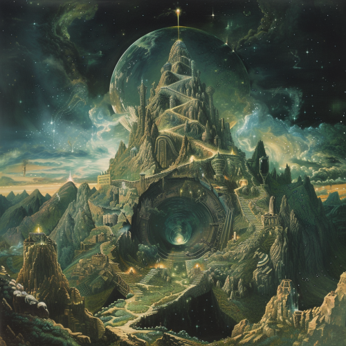 a single large mountain with a portal to a starry 