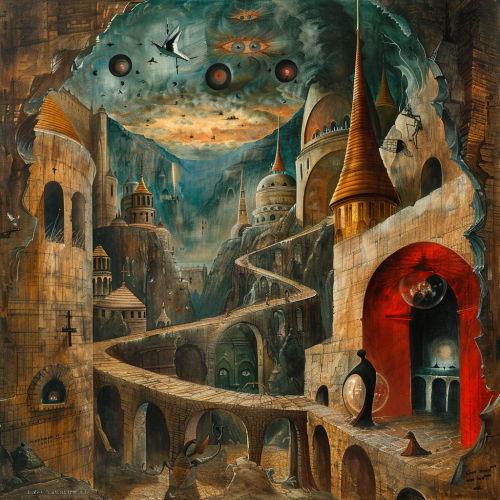 futurama scene in the style of remedios varo