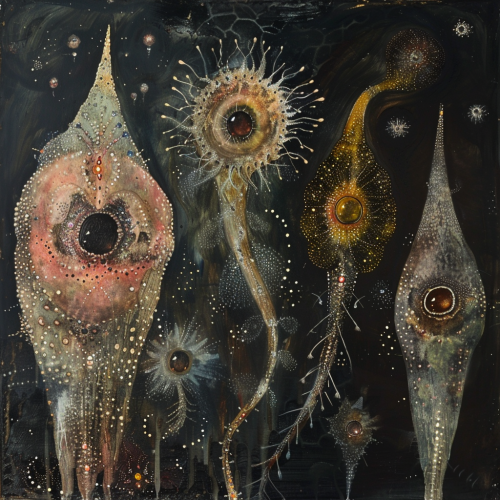 protozoa in the style of the artist Samuel Bak and Leo 0b19080d-6efe-4228-94ca-833304ca938d