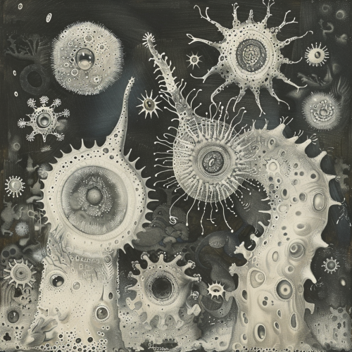 protozoa in the style of the artist Samuel Bak and Leo 6b2638df-ec94-4850-969e-cd279424e924