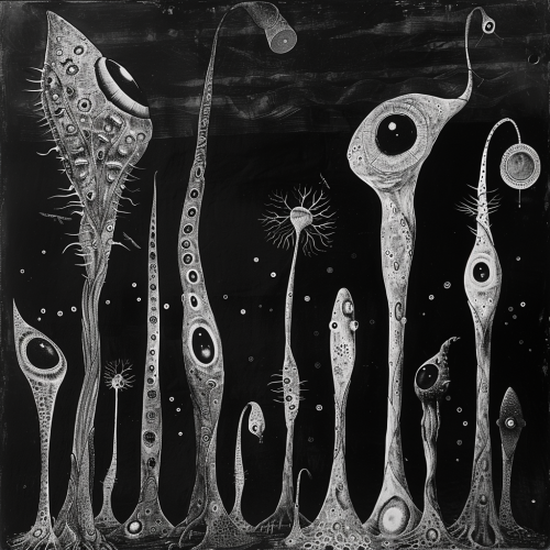 protozoa in the style of the artist Samuel Bak and Leo 884bb11e-8242-47a0-9699-55324fae5942