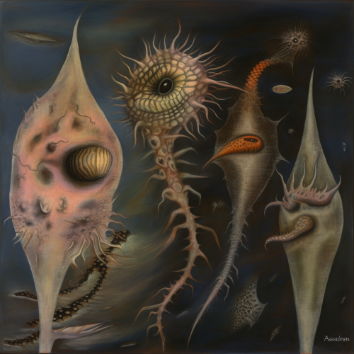 protozoa in the style of the artist Samuel Bak and Leo a5cffb0d-73f9-4624-93cc-80219cef9338