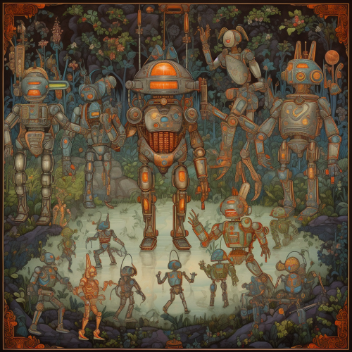 robots and aliens in the style of Russian lacquer art -1