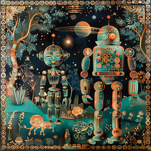 robots and aliens in the style of Russian lacquer art 