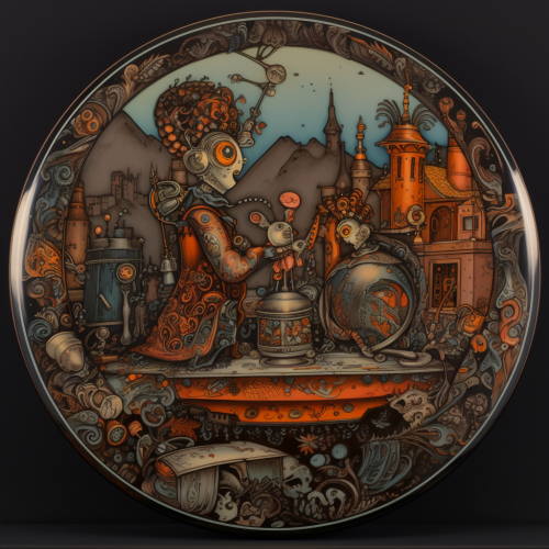 robots in the style of Russian fairy tale art on lacqu-1