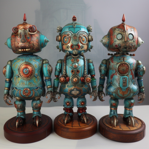 robots in the style of Russian fairy tale art on lacqu