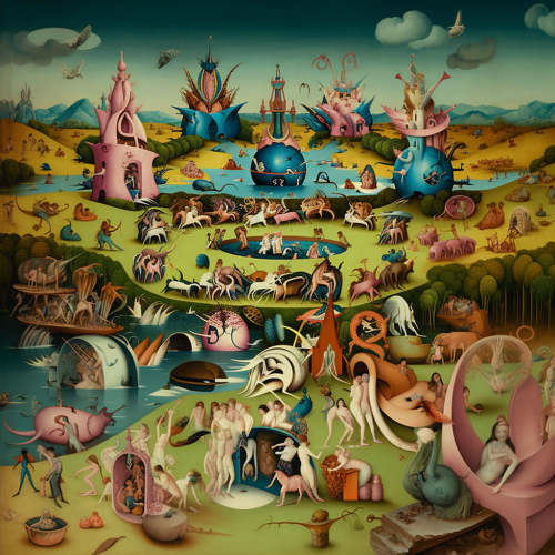 the Garden of Earthly Delights in the style of Bruge