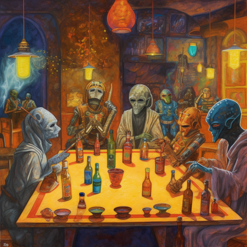the Star Wars cantina scene in the style of Marc Chaga